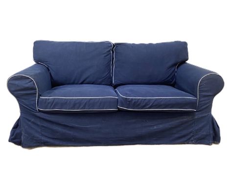 Modern two seater sofa with scrolled arms in blue upholstery, 87 x 186 x 85cm.