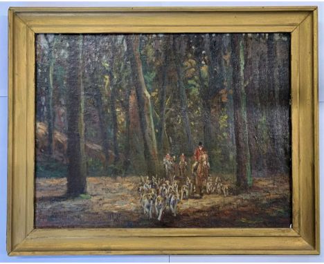 Geoffrey E.Mortimer (British, 20th century), fox hunting party venturing through a woodland, oil on board,12x16ins, signed, f
