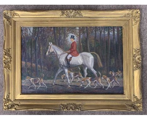Geoffrey E. Mortimer (British, 20th century) fox hunting scene with King Edward VIII on horseback, oil on board, 11x17ins, si