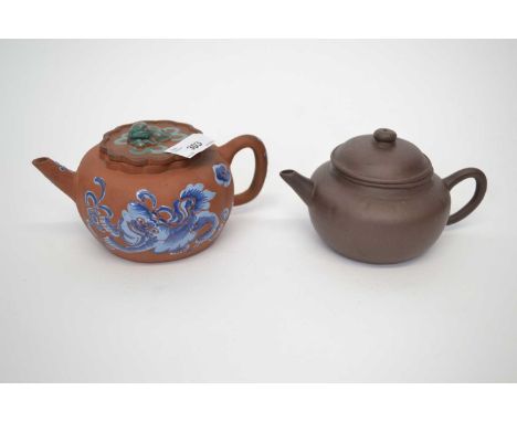 Two Yixing teapots, one with blue enamel dragon decoration (2)