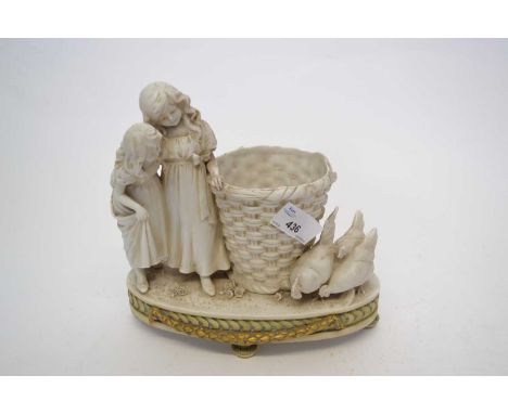 Continental white porcelain model of two children standing beside a basket with chickens, raised on four bun feet in sevres s