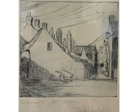 Sandford Batally, "Chimneys", Holt, signed and dated Oct 23, etching, 4.5x4.5ins, framed and glazed. (Ref: 3B)