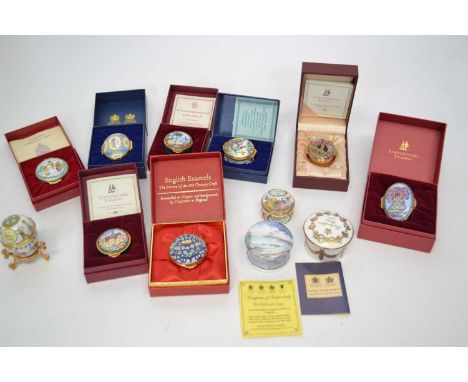 Box containing quantity of halcyon days enamel boxes all in original boxes