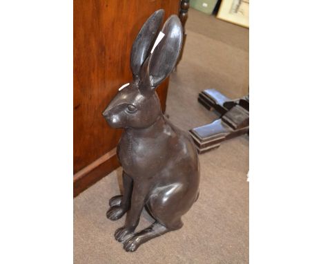 Contemporary bronzed metal model of a sitting hare, 61 cm high