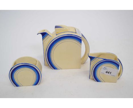 A 1930s Bonjour shape teapot, sugar bowl and milk jug all with geometric motif and blue band made for Lawleys factory stamp, 