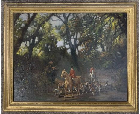 Geoffrey E. Mortimer (British, 20th century) fox hunting party riding through a woodland opening, oil on board, signed, 16x12