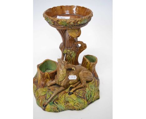 19th Century French majolica centre piece modelled as a tree trunk with recumbent deer below, 25cm high