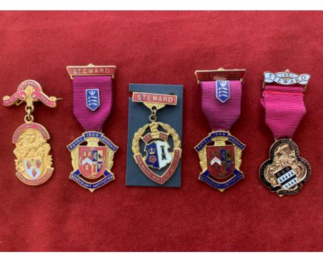 Royal Masonic Benevolent Institution Jewels (5) including dates 1961, 1964, two 1966 and 1968. Silver, gilt and enamel