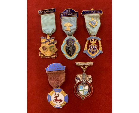 Royal Masonic Institution for Boys Stewards Jewels (5), including dates 1954, 1955, Northants &amp; Hunts 1958, 1961, 1966. S