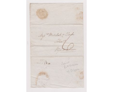 Great Britain 1825-Postal History-EL dated 13th Aug 1825 Watton posted to Wymondham Manuscript 6-2 line black Watton 100 canc
