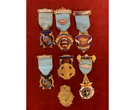 Royal Masonic Institution for Boys Stewards Jewels (7), including dates 1943, two 1949, Essex 1951, 1954, 1955 and a Stewards