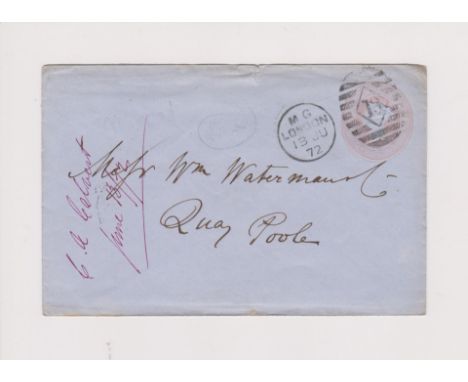 Great Britain 1872-Prepaid Michel U7D envelope posted to Poole cancelled 13.6.72 with London duplex cancel-back cancel Poole 