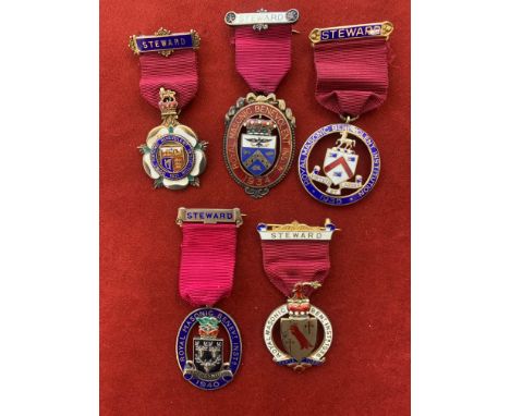 Royal Masonic Benevolent Institution Silver Jewels (5) including dates 1931, 1934, 1935, 1936 and Cavendish 1940. Silver, gil