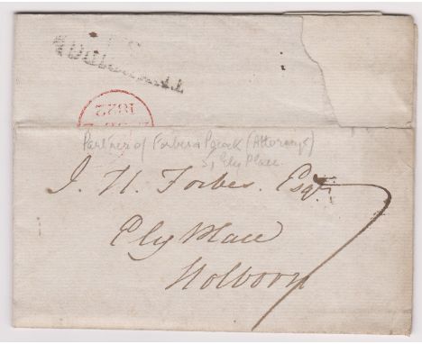 Great Britain 1822 - Postal History EL dated 4th Sept 1822 red leaf posted to Holborn-manuscript 7 partial 2 line black and s