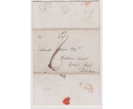 Great Britain 1825-Postal History-EL dated 8th Feb 1825 Birmingham posted to London-manuscript 9-red Birmingham FE8 cancel-re