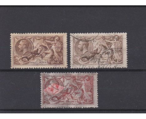 Great Britain 1918-19-Seahorses Bradbury Wilkinson-SG414-415a used 2s6d-SG416 used 5s-cat value £295