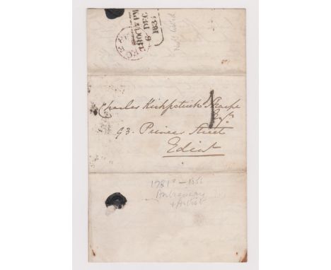Great Britain 1833-Postal History-EL posted within Edinburgh-manuscript 1-in black red single ring Dec 6 1838-black boxed 3 l