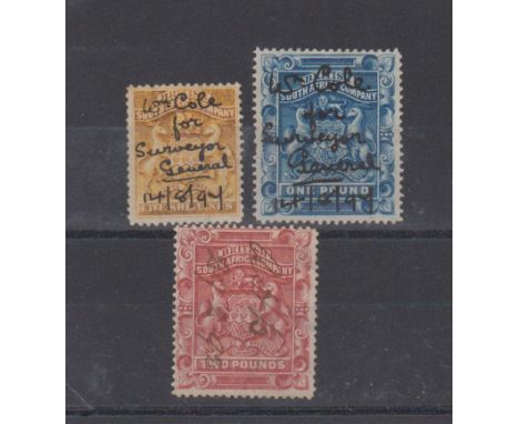 Rhodesia 1892-94-SG8 fiscally cancelled 5s-SG10 fiscally cancelled £1-both of these with manuscript Wm Cole for surveyor Gene