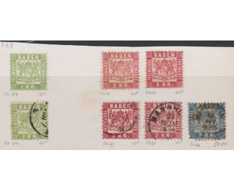 German States-Baden 1868-SG39 m/m 1k-SG41 x2 m/m 3k-SG39 used 1k-SG41 x2 shades 3k-SG44 used 7K-cat value £206