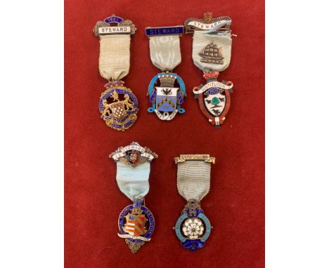 Royal Masonic Institution for Boys Stewards Jewels (5), including West Yorkshire 1918, Buckinghamshire 1919, Durham 1921, Ess