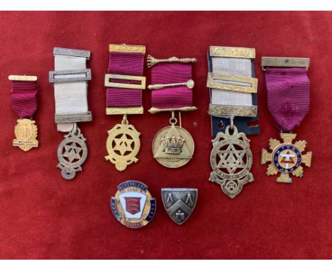 Masonic Jewels (8) including Heath Lodge, Wallasey Masonic Charities, three Benevolent Charities and another. One base metal 