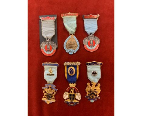 Royal Masonic Institution for Boys Stewards Jewels (6), including dates 1964, 1969, 1970, two 1975 jewels and 1979. Silver gi