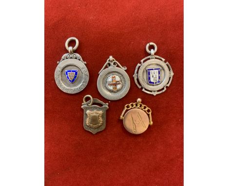 Masonic related Victorian and later Silver and enamel pocket watch chain fobs (4) and one rolled gold example. A good collect