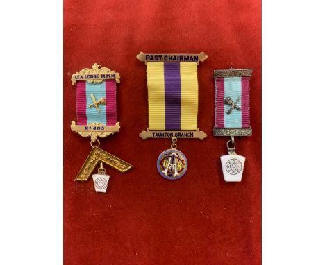 Masonic Jewels (3) one,  Lea Lodge M.M.M. No. 405 Masons Keystone in gilt and enamel, the second Taunton Branch Past Chairman