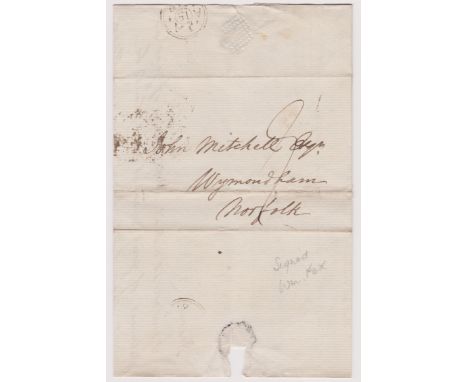 Great Britain 1819 - Postal History EL dated Jan 15th 1819 posted to Wymondham-manuscript a-double ring JA/15/1819 cancel