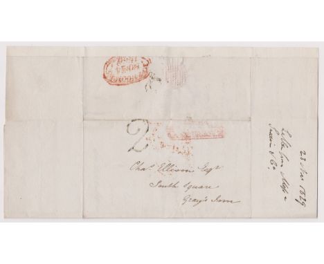 Great Britain 1829-Postal History-EL dated 23rd Nov 1829 posted to London-manuscript 2 smudged red T.P cancel oval red Noon N