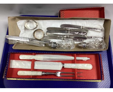 A Set of Six Hallmarked Silver Handled Knives, (damages), together with two hallmarked silver napkin rings, a hallmarked silv