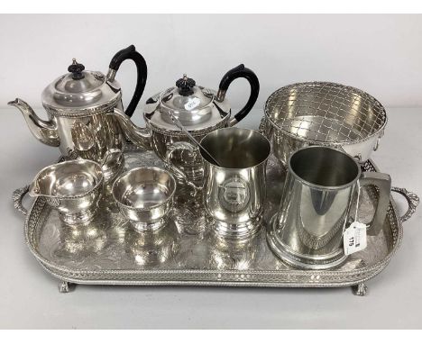A Collection of Platedware, to include four piece teaset, commemorative tankard, rose bowl with lion mask detail, pickle fork