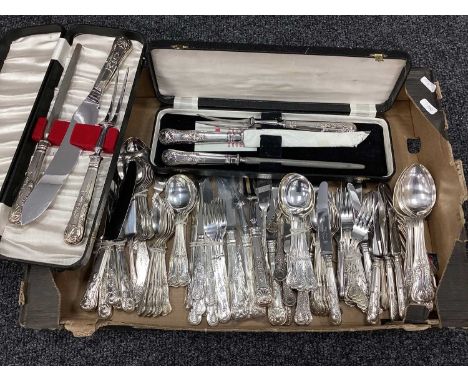 An Assortment of Silver Plated Kings Pattern Cutlery, to include Philip Marks, Viners serving spoons, Pinder Bros carving set