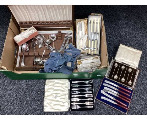A Selection of Assorted Flatware, including a cased set of six coffee bean spoons, a cased set of six cake forks, a cased set
