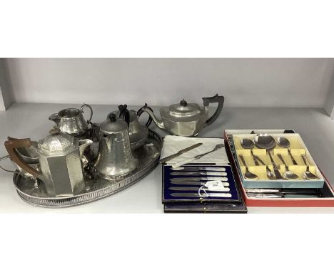 Art Deco Style Pewter Tea Sets, a plated oval tray, decorative mother of pearl handled dessert knives in original fitted case
