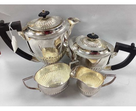 Eldona; EPNS Four Piece Teaset, comprising coffee pot, teapot, twin handled sugar bowl and jug, each of baluster form with pa