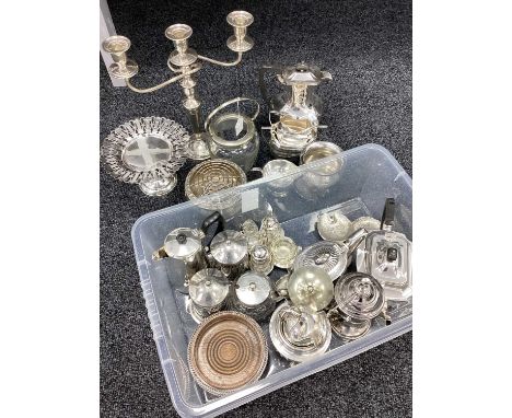 A Quantity of Platedware, to include Pinder Bros twin branch candelabrum, rose bowl, mounted tea and coffee canisters, bottle