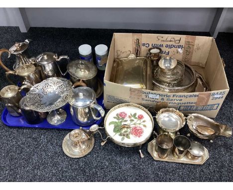 A Quantity of Platedware, to include decorative pierced pedestal dish, Argyle coffee pot, decorative footed biscuit tin with 
