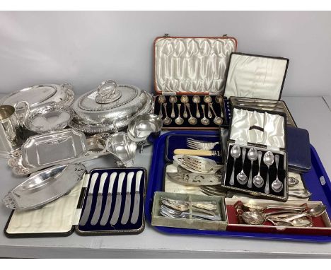 A Set of Six Hallmarked Silver Handled Tea Knives, (case damaged); Decorative Pair of Martin Hall &amp; Co Plated Fish Server