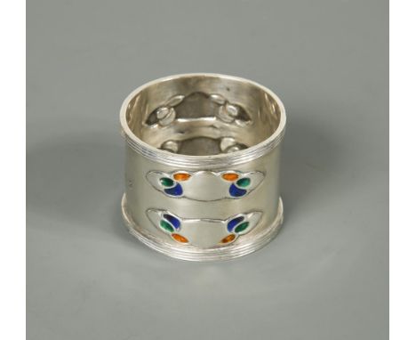 Liberty & Co., a silver and enamel napkin ring, Birmingham 1903, of circular form with ribbed bands and two double shaded ena