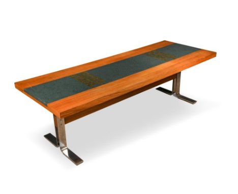 A 1970's Danish teak coffee table, with central band of blue tile mosaic with gilt mosaic bars raised on chrome inverted T-sh