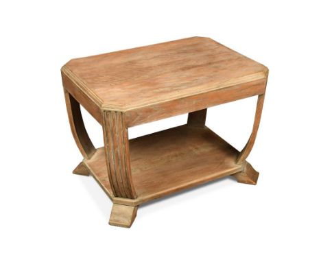 An 1940's Art Deco limed-oak occasional table of canted rectangular form with curved uprights and undertier below 44 x 61 x 4