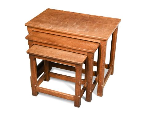 Robert 'Mouseman' Thompson, a nest of three oak tables, with rectangular adzed tops, carved mouse signature to each 47.50 x 6