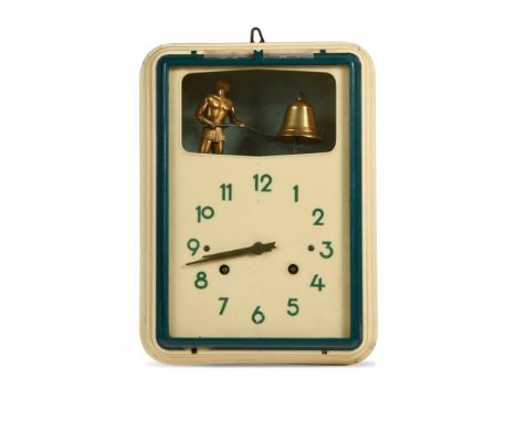 A French 1950's white bakelite striking wall clock, with window above revealing a gilt figure striking a bell 34 x 24cm (13 x