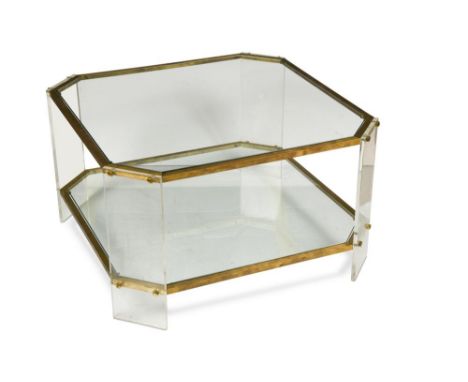 A 1960's lucite, brass and glass coffee table in the manner of Maison Jansen, of canted square form with glass top and undert