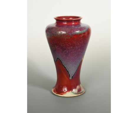 A good Ruskin high-fired flambé vase, 1910, the inverted baluster form with banded red-purple flambé glaze, shape 353, impres