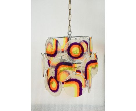 A striking 1960's or 70's pendant ceiling light, the chromed superstructure supporting eighteen brightly-coloured perspex dis