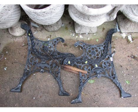 PAIR OF CAST METAL GARDEN BENCH ENDS TOGETHER WITH A PAIR OF SHEARS