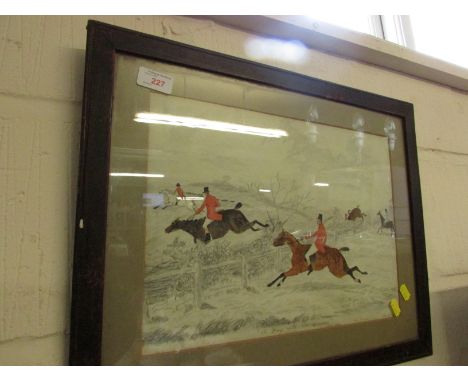 PENCIL SKETCH AND WATERCOLOUR OF HUNTSMAN ON HORSE BACK, TITLING AND SIGNATURES TO MARGIN, FRAMED AND GLAZED.