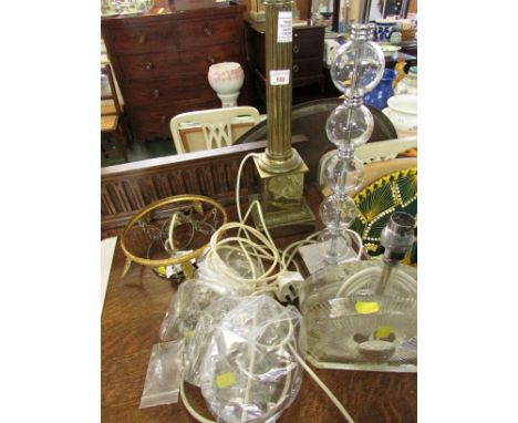 BRASS COLUMN TABLE LAMP, STUDIO GLASS TABLE LAMP, MODERN TABLE LAMP AND A CEILING LIGHT WITH GLASS DROPLETS. (AF - ONE REQUIR